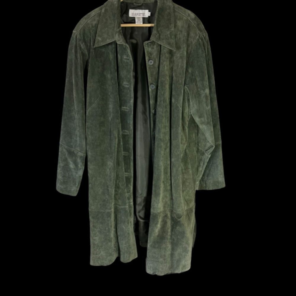 Silhouettes Olive Green Suede Vintage Side Slit Button Front Coat Sz 1X